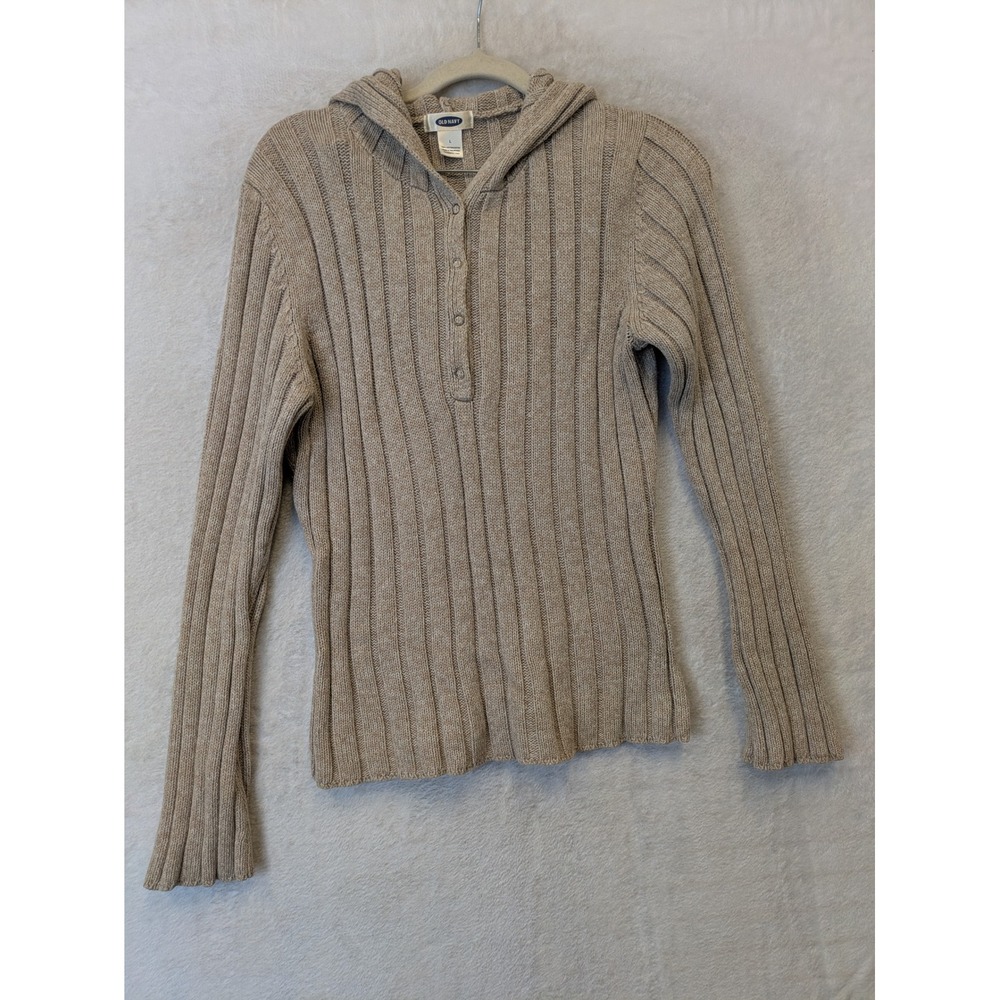 Old Navy‎ Women's Size L Tan Beige Hoodie Sweater Ribbed Knit Cotton Henley